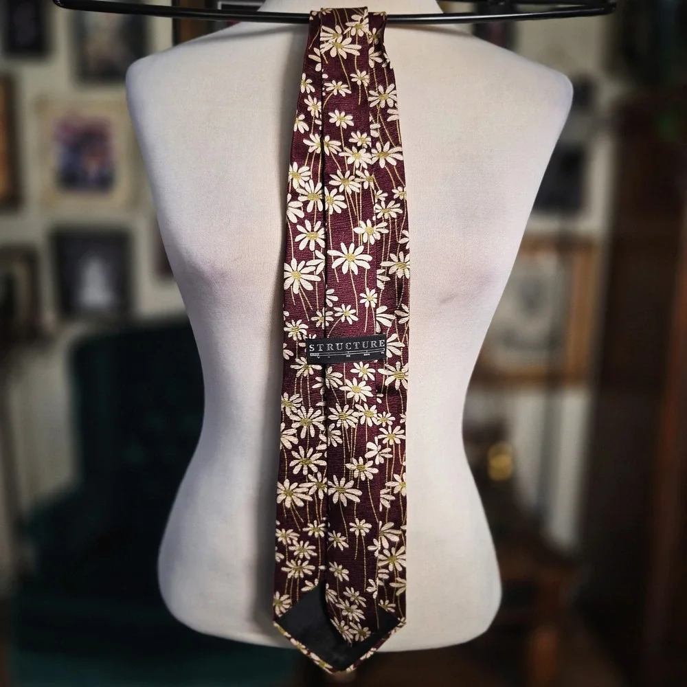 Structure Silk Tie Vintage 90s Mens Burgundy Daisy Floral Print Made in USA New